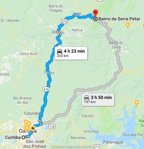 Mapa como chegar no PETAR vindo de Curitiba