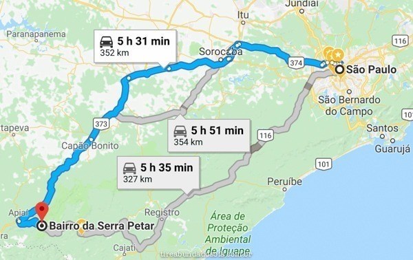 Mapa como chegar no PETAR vindo de São Paulo